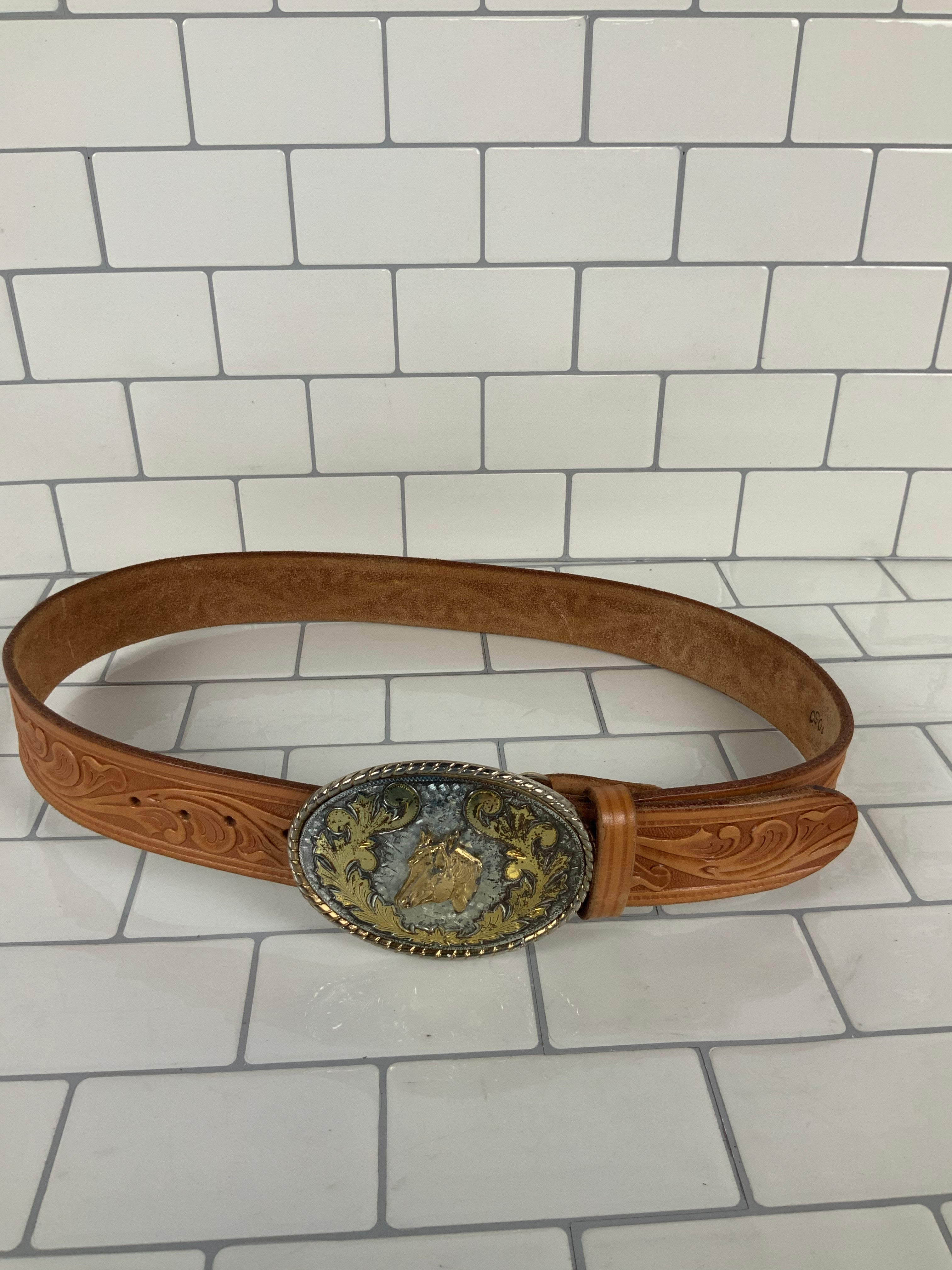 Tooled Leather Belt and Hourse Buckle Gold and Silver (6930387992759)